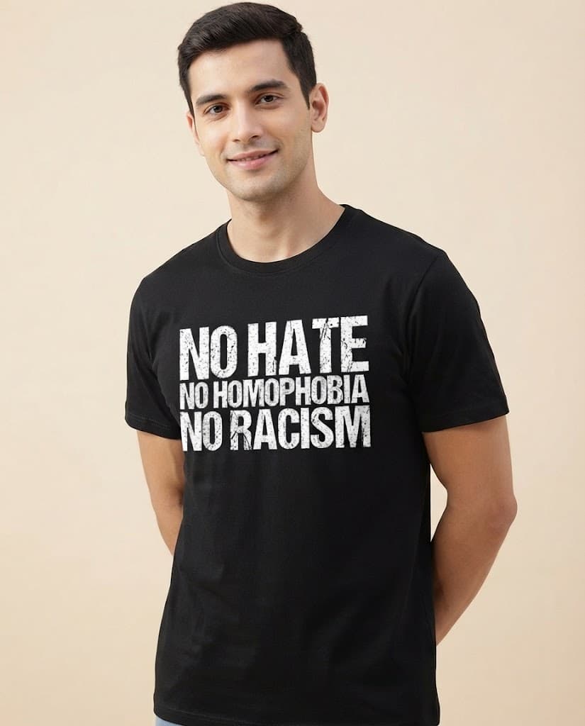 T-Shirt mit dem Aufdruck „No Hate No Homophobia No Racism“