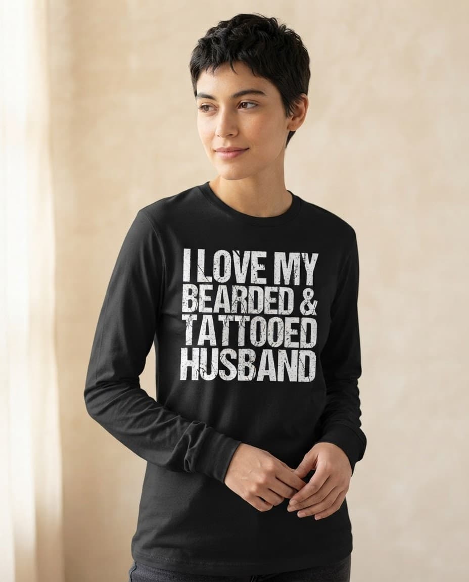Witziges Langarmshirt mit dem Aufdruck „I Love My Bearded & Tattooed Husband“