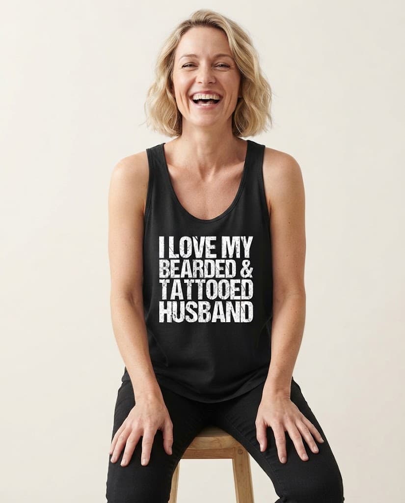 Lustiges Tanktop mit dem Aufdruck „I Love My Bearded & Tattooed Husband“