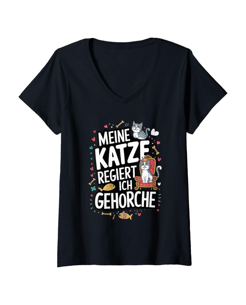 Lustiger T-Shirt mit V-Ausschnitt „Meine Katze regiert ich“ | lustige-tshirts.de
