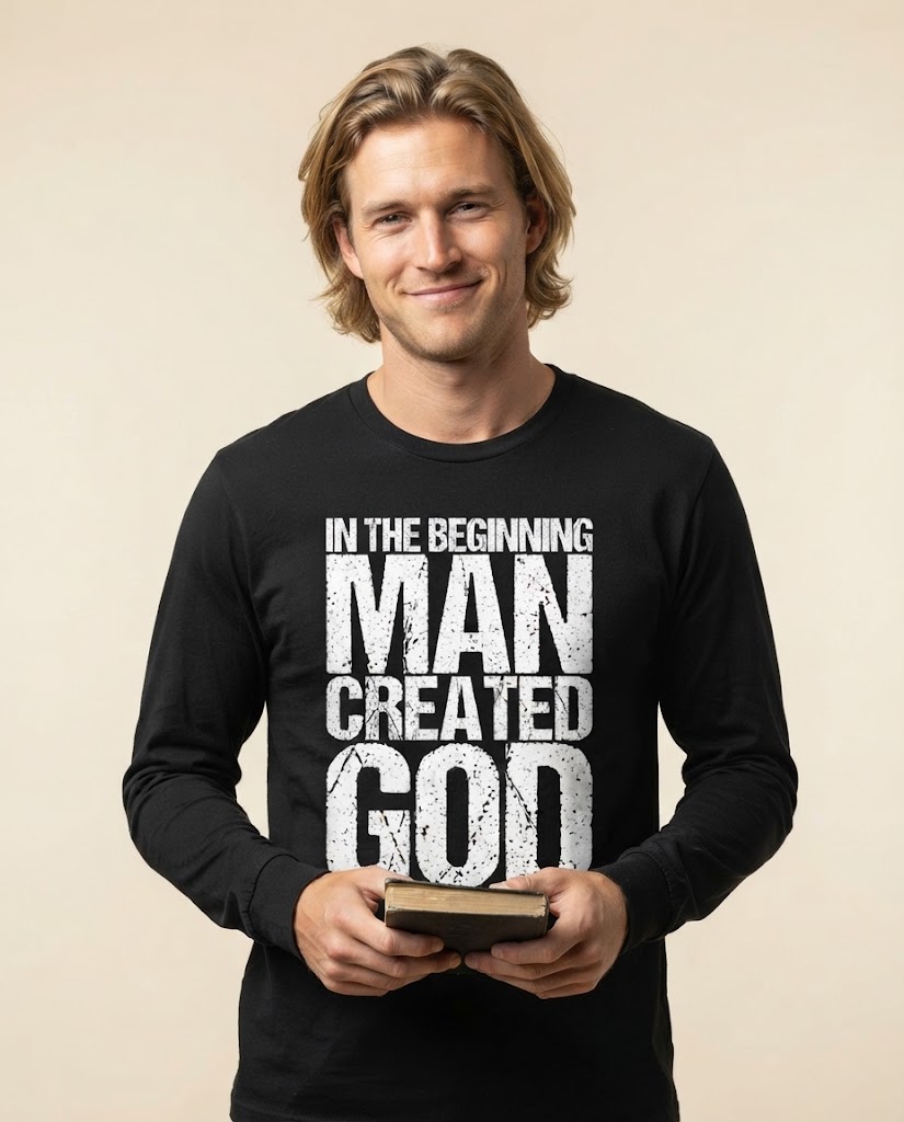 Witziges Langarmshirt mit dem Aufdruck „In The Beginning Man Created God“
