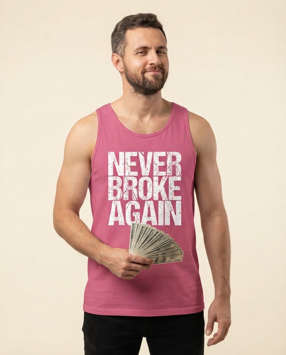 Humorvolles Tanktop mit dem Aufdruck „Never Broke Again“