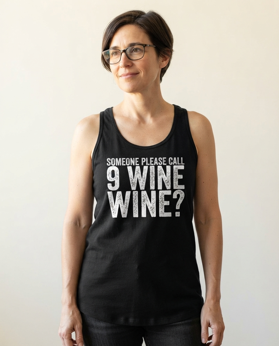 Humorvolles Reise Tanktop mit dem Aufdruck „Someone Please Call 9 Wine Wine?“