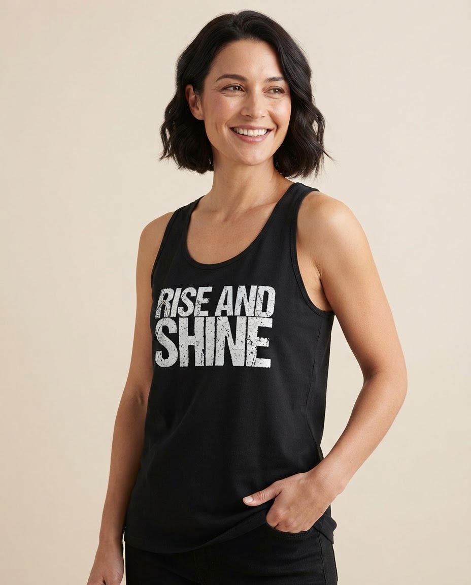 Lustiges Kaffee Tanktop mit dem Aufdruck „Rise And Shine“